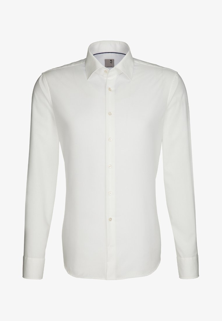 Witte lange mouwen shirt van gladde stof, met een puntige kraag, knoopsluiting aan de voorkant en eenvoudige knopen. Geen zichtbare patronen of accenten.