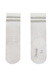 Weiße Baumwollsocken mit hellgrauen Streifen oben. Rippstruktur, runde Zehenform und gedrucktes Größenetikett auf der Sohle.