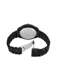 Montre en acier inoxydable noir avec un bracelet à maillons, boîtier rond et fermoir en acier inoxydable. Le dos présente un logo gravé et des détails sur la résistance à l'eau.