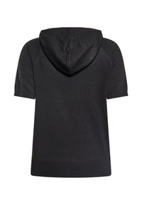 Hoodie noir à manches courtes avec capuche à cordon, ourlet côtelé et texture lisse. La vue arrière présente un design minimaliste sans graphiques.