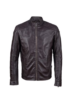 Braune Lederjacke mit Stehkragen, durchgehendem Reißverschluss und gesteppten Details an Schultern und Seiten. Glatte Textur.