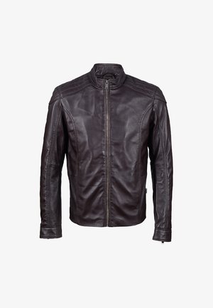 Bruine leren jas met een opstaande kraag, een ritssluiting aan de voorkant en gestikte details op de schouders en zijkanten. Soepele textuur.