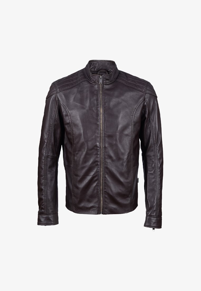 Braune Lederjacke mit Stehkragen, durchgehendem Reißverschluss und gesteppten Details an Schultern und Seiten. Glatte Textur.