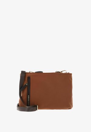 Sac bandoulière rectangulaire marron avec poche zippée noire, sangle réglable gris foncé et quincaillerie dorée sur fond blanc.