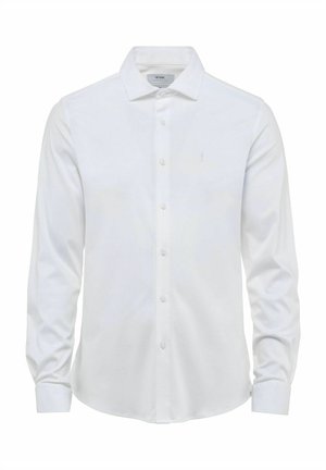 Biała koszula z długim rękawem, z kołnierzykiem i zapięciem na guziki z przodu. Gładki materiał, z subtelnym haftem na lewej piersi.
