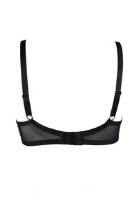 Czarny stanik z przezroczystymi panelami siateczkowymi, regulowanymi ramiączkami oraz zapięciem na haftkę z tyłu. Prosty i minimalistyczny design.