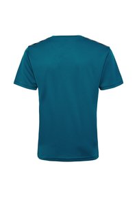 T-shirt de sport uni à manches courtes couleur bleu sarcelle, vu de dos avec des bandes noires le long des épaules.