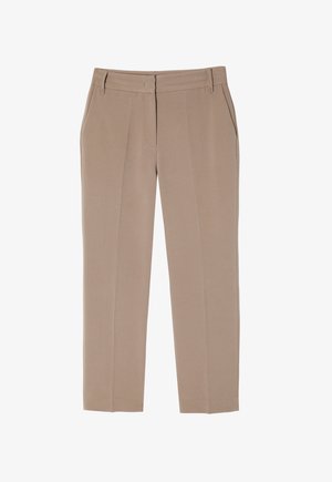 Beige tailored trousers with a smooth texture, featuring a flat front, two side pockets, and a straight-leg cut.