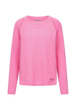 Pink knit sweater with long sleeves, round neckline, and side slit details. Subtle texture with embroidered brand logo at the hem.
