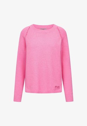 Roze gebreide trui met lange mouwen, ronde halslijn en zijsplitdetails. Subtiele textuur met geborduurd merkimago aan de zoom.