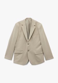 Beige blazer van gestructureerde stof, met een gepunktste kraag, twee voorzakken en twee knopen. Glad binnenvoering zichtbaar.
