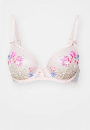 Helles rosa BH mit floraler Stickerei in Pink, Blau und Grün. Weiche Netz-Cups mit dünnen Trägern und einem zentralen Schleifendetail.