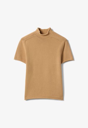 Kurzärmeliges Rollkragentop in einem hellen Beige, aus weichem Strickmaterial gefertigt. Verfügt über eine figurbetonte Silhouette mit gerippten Akzenten und minimalen Nähten.