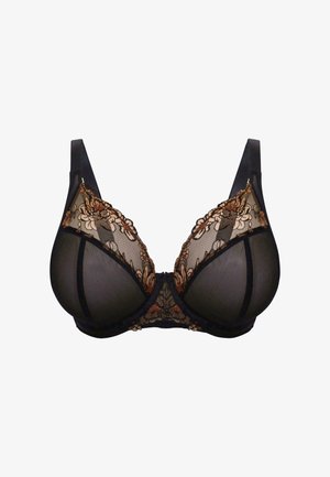 Black sheer lace bra with floral embroidery in shades of gold and burgundy, featuring underwire, adjustable straps, and scalloped edges.