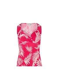 Top in fucsia senza maniche con stampa bianca di foglie tropicali, scollo a V. Realizzato in tessuto leggero con una leggera elasticità.