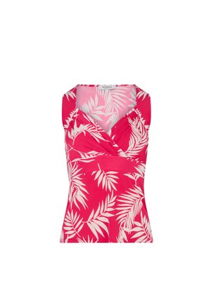 Fuchsia tank top with white tropical leaf print, V-neckline, and sleeveless design. Made from lightweight fabric with slight stretch.