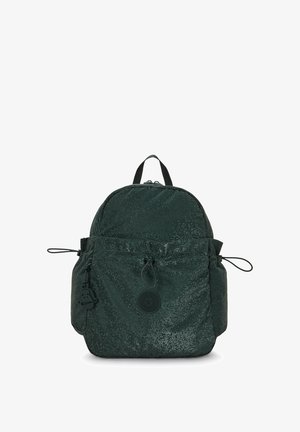 Dark green backpack featuring a glossy, textured surface. Design includes a top handle, adjustable straps, and front pocket with drawstring.