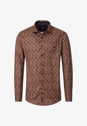Long-sleeve shirt in a brown and cream geometric pattern, featuring a button-up front, spread collar, and black buttons. Soft fabric texture.