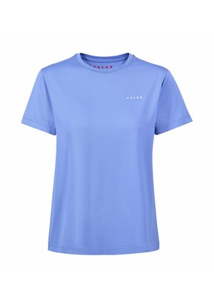 Hellviolettes Sport-T-Shirt mit kurzen Ärmeln und Rundhalsausschnitt, feiner Textur und kleinem weißen "FALKE"-Logo auf der oberen linken Brust.