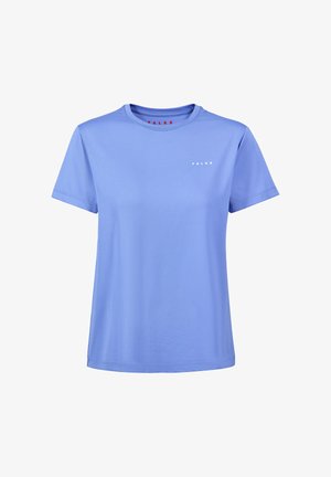 Hellviolettes Sport-T-Shirt mit kurzen Ärmeln und Rundhalsausschnitt, feiner Textur und kleinem weißen "FALKE"-Logo auf der oberen linken Brust.