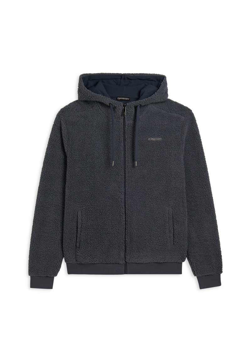 Sudadera con cremallera de forro polar en gris oscuro, con capucha, bolsillos laterales y puños acanalados. Textura suave con un forro interno liso.