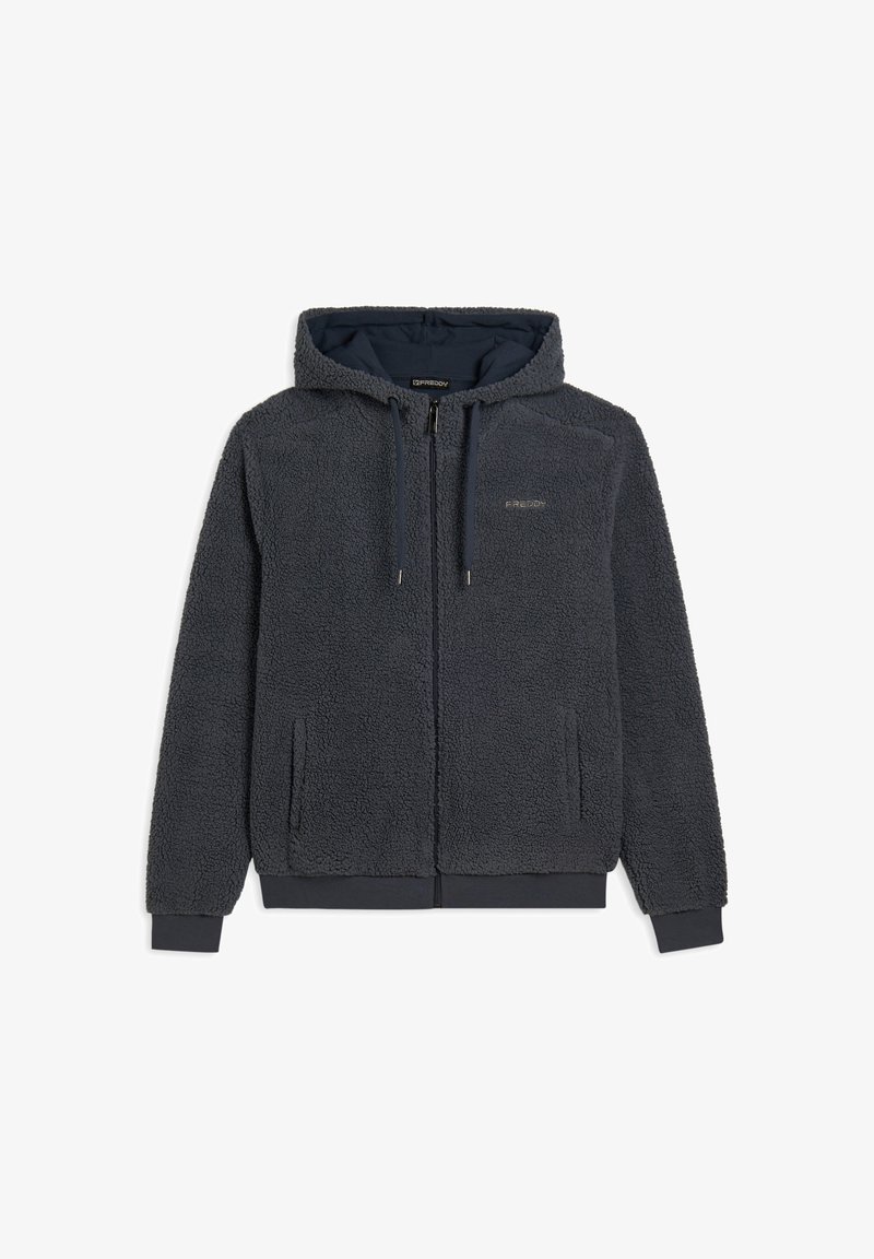 Sudadera con cremallera de forro polar en gris oscuro, con capucha, bolsillos laterales y puños acanalados. Textura suave con un forro interno liso.