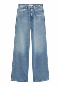 Jeans de mezclilla azul claro de pierna ancha. Presentan un corte recto, cinco bolsillos y el logotipo bordado "Tommy" en el frente.