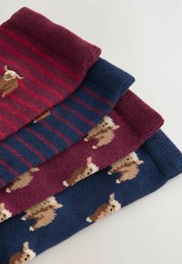 Drie paar gebreide sokken in bordeauxrood en marineblauw, met een gestreept ontwerp en dierenpatronen, zachte textuur en geribde mouwen.