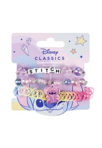 Set di bracciali Disney con perline pastello, un charm di Stitch, elastici colorati e perline con la scritta "STITCH". Design vibrante e giocoso.