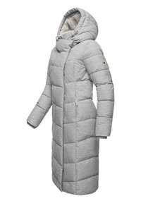 Gray padded coat with a textured finish, featuring a hood, zipper closure, two side pockets, and quilted pattern for insulation.
