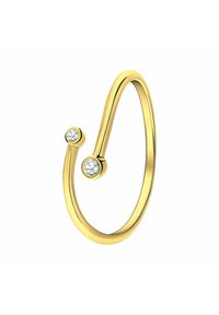 Bague de couleur or présentant un design lisse et courbé, avec deux pierres rondes transparentes serties à chaque extrémité.