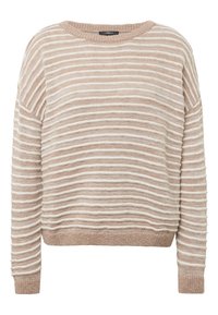 Wzorzysty sweter w jasnym beżu z kremowymi poziomymi paskami. Miękka dzianina, okrągły dekolt oraz ściągacze przy mankietach i u dołu.