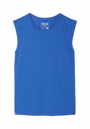 Blaues ärmelloses Top mit rundem Ausschnitt und leichter Struktur, mit einem "FatFace" Markenetikett im Halsausschnitt.