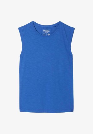 Blauw mouwloos topje met ronde hals en lichte structuur, met een "FatFace" merklabel aan de binnenkant van de halslijn.