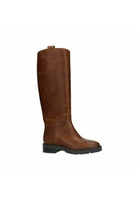 Brown leather knee-high boot with a round toe, smooth texture, minimal stitching, and a low, durable rubber sole.
