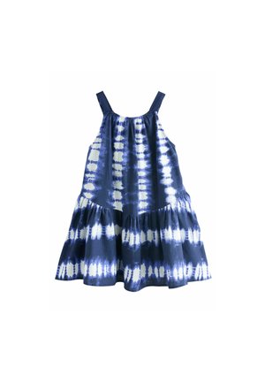 Niebiesko-biała sukienka na ramiączkach w stylu tie-dye, z marszczoną spódnicą i szerokimi ramionami, do kolan, z lekkiego materiału.