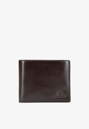 Cartera de cuero marrón oscuro de doble pliegue con el logo Wittchen en relieve en la esquina inferior derecha, mostrada cerrada sobre un fondo blanco.