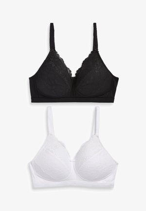 Juodai balti nėriniuoti liemenėlės; abi turi gėlių raštus, reguliuojamas petnešas ir nagų užsegimą centre. Minkšta audinio apdaila.