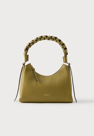 Olive green leather handbag with braided handle, gold zipper detail, and small gold "Coccinelle" logo on front.