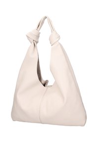 Borsa hobo in pelle beige chiaro, con manico annodato e forma morbida e arrotondata, dotata di un unico compartimento aperto in alto.