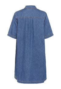Denim jurk met korte mouwen, knoopsluiting en een geplooide rug. Heeft een eentonige blauwe kleur en contrasterende stiksels langs de naden.