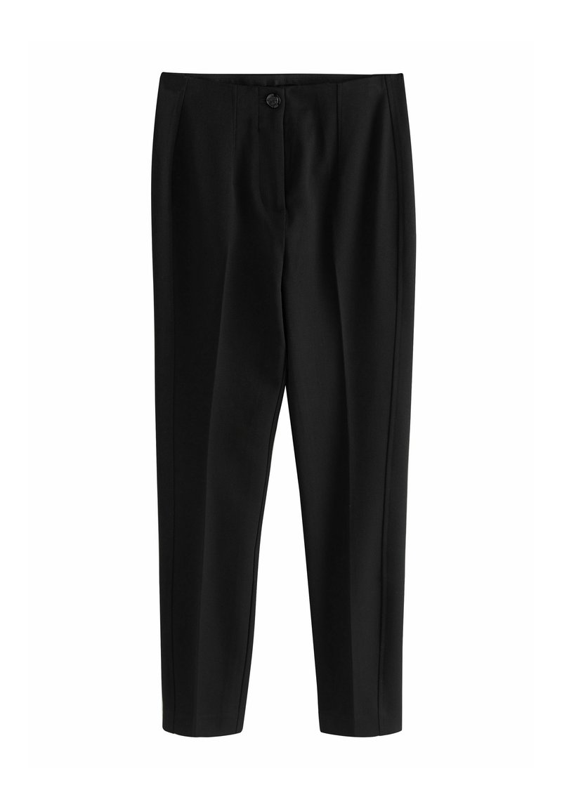 Pantalon noir en tissu lisse. Coupe slim avec un devant plat, fermeture à bouton unique et jambes pliées pour un look sur mesure.