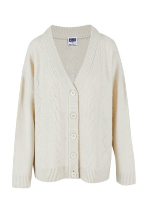 Crème kabelgebreide cardigan met een V-hals, vijf knopen aan de voorkant en geribde manchetten. Gemaakt van zachte stof, met een relaxed fit en een textuurpatroon.