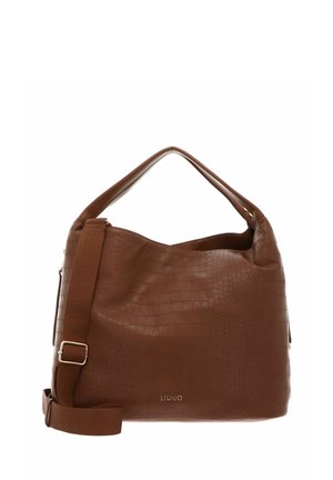 Borsa a mano in pelle marrone con texture coccodrillo, manico superiore e tracolla regolabile, con marchio LIU JO vicino al centro inferiore.