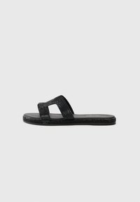 Svarta slidesandaler med två breda, texturerade remmar och en slät fotbädd. Har en platt sula med subtila glansdetaljer längs kanten.