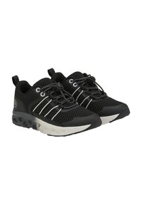 Schwarze Netzsport Schuhe mit einer strukturierten Oberseite, elastischen Schnürsenkeln und einer gepolsterten, durchsichtigen Sohle. Verfügt über weiße Akzente und eine Zuglasche.