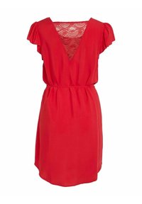 Vestido rojo hasta la rodilla, con mangas cortas abullonadas, escote en V, cintura elástica y detalle de encaje en la parte superior de la espalda.