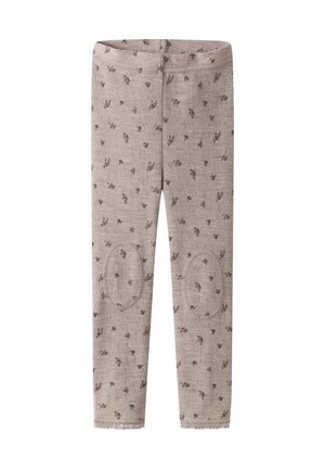 Leggings marron clair avec un motif floral, tissu texturé, patches aux genoux et ourlet en biais. Taille élastique pour plus de confort.