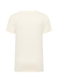 Kurzärmliges T-Shirt aus elfenbeinfarbenem Baumwollstoff, Rundhalsausschnitt, schlichte Schnittführung, glatte Textur, keine Muster oder sichtbare Marken auf der Rückseite.