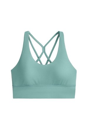 Brassière de sport bleu clair avec encolure dégagée et doubles bretelles croisées dans le dos, tissu lisse et large bande sous poitrine.
